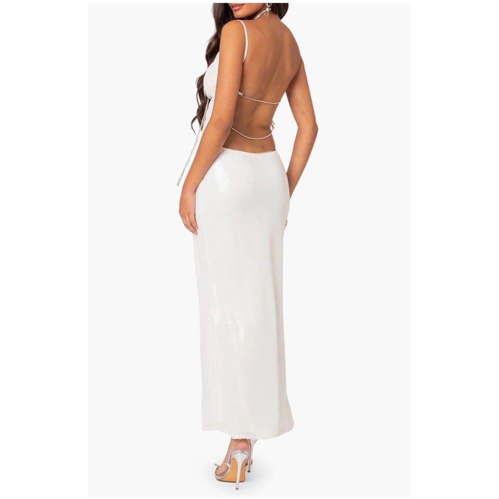 Edikted Sequin Open Back Full Length‎ Gown Dress Sz Small 6 Evening Prom Wedding - Picture 2 of 16